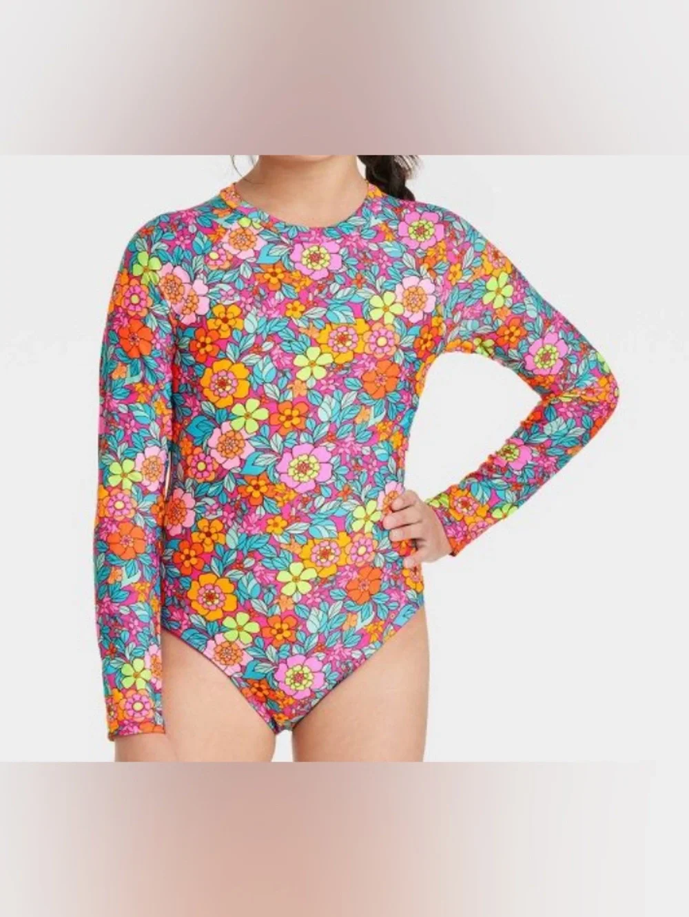 Cat & Jack Girls' Long-Sleeve Retro Floral rashguard small 6/7